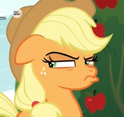 Size: 1116x1054 | Tagged: safe, derpibooru import, screencap, applejack, earth pony, pony, going to seed, apple, apple tree, applejack is not amused, cropped, female, floppy ears, food, frown, grumpy, mare, narrowed eyes, solo, suspicious, tree, unamused