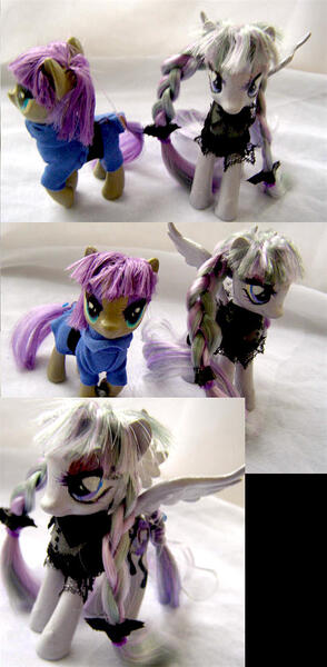 Size: 571x1165 | Tagged: safe, artist:lightningsilver-mana, derpibooru import, inky rose, maud pie, earth pony, pegasus, pony, doll, fashion show, figure, figurine, handmade, my little pony, paint, painting, rock, sewing, sewing needle, textiles, toy