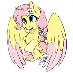 Size: 750x750 | Tagged: safe, artist:its-gloomy, derpibooru import, fluttershy, pegasus, pony, alternate hairstyle, braid, bust, cheek fluff, chest fluff, colored hooves, colored wings, colored wingtips, cute, ear fluff, female, flower, flower in hair, fluffy, hoof fluff, hooves to the chest, leg fluff, mare, neck fluff, open mouth, shyabetes, signature, simple background, smiling, socks (coat marking), solo, spread wings, three quarter view, two toned wings, unshorn fetlocks, white background, wings