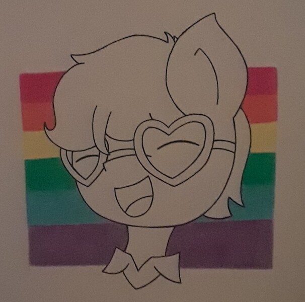 Size: 1015x1005 | Tagged: safe, artist:lightning135, derpibooru import, earth pony, pony, bust, elton john, eyes closed, gay, gay pride flag, glasses, male, pride, pride flag, smiling, traditional art