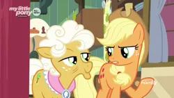 Size: 1600x900 | Tagged: safe, derpibooru import, screencap, applejack, goldie delicious, earth pony, pony, going to seed, discovery family logo, duo, female, mare, my little pony logo, raised hoof