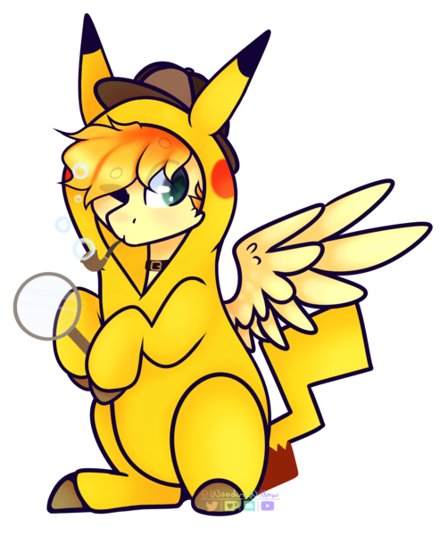 Size: 2598x3107 | Tagged: safe, artist:wooden-willow, derpibooru import, oc, oc:aurryhollows, pony, bubble, bubble pipe, deerstalker, detective, detective pikachu, hat, magnifying glass, pipe, solo