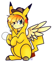 Size: 2598x3107 | Tagged: safe, artist:wooden-willow, derpibooru import, oc, oc:aurryhollows, pony, bubble, bubble pipe, deerstalker, detective, detective pikachu, hat, magnifying glass, pipe, solo