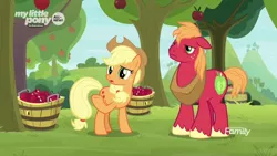 Size: 1600x900 | Tagged: safe, derpibooru import, screencap, applejack, big macintosh, earth pony, pony, going to seed, apple, apple orchard, apple tree, brother and sister, bucket, discovery family logo, female, food, male, mare, orchard, raised hoof, siblings, stallion, tree