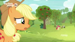 Size: 1600x900 | Tagged: safe, derpibooru import, screencap, apple bloom, applejack, earth pony, pony, going to seed, apple, apple orchard, apple sisters, apple tree, bag, booby trap, cage, discovery family logo, female, filly, foal, food, male, mare, orchard, outdoors, rope, saddle bag, siblings, sisters, trap (device), tree