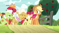 Size: 1600x900 | Tagged: safe, derpibooru import, screencap, apple bloom, applejack, big macintosh, goldie delicious, granny smith, earth pony, pony, going to seed, apple, apple family, apple tree, discovery family logo, female, fence, filly, foal, food, male, mare, my little pony logo, raised hoof, road, stallion, tree