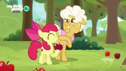 Size: 1600x900 | Tagged: safe, derpibooru import, screencap, apple bloom, goldie delicious, earth pony, pony, going to seed, apple, apple tree, boop, bush, cute, discovery family logo, duo, eyes closed, female, filly, foal, food, mare, my little pony logo, nose wrinkle, outdoors, raised hoof, tree