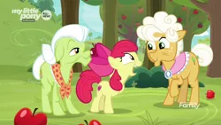 Size: 1600x900 | Tagged: safe, derpibooru import, screencap, apple bloom, goldie delicious, granny smith, earth pony, pony, going to seed, apple, apple tree, discovery family logo, excited, female, filly, foal, food, mare, my little pony logo, outdoors, smiling, tree, trio