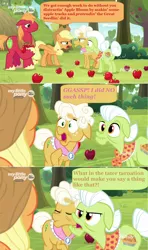 Size: 1600x2708 | Tagged: safe, derpibooru import, edit, edited screencap, screencap, applejack, big macintosh, goldie delicious, granny smith, earth pony, pony, going to seed, angry, apple, apple tree, comic, dialogue, discovery family logo, female, food, male, mare, my little pony logo, screencap comic, speech bubble, stallion, tired, tree, upset