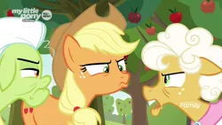 Size: 1600x900 | Tagged: safe, derpibooru import, screencap, applejack, goldie delicious, granny smith, earth pony, pony, going to seed, angry, apple, apple tree, argument, discovery family logo, duckface, female, food, mare, my little pony logo, narrowed eyes, suspicious, tree, trio, unamused, unhappy, upset