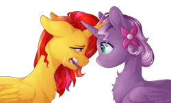 Size: 2298x1380 | Tagged: safe, artist:doekitty, derpibooru import, sunset shimmer, oc, oc:wisteria, alicorn, pony, alicorn oc, alicornified, canon x oc, crying, female, horn, lesbian, mare, race swap, shimmercorn, simple background, transparent background, wings