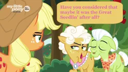 Size: 1600x900 | Tagged: safe, derpibooru import, screencap, applejack, goldie delicious, granny smith, earth pony, pony, going to seed, apple, apple tree, bush, dialogue, discovery family logo, eyes closed, female, mare, my little pony logo, smug, speech bubble, tree, trio