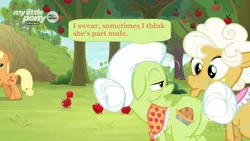 Size: 1600x900 | Tagged: safe, derpibooru import, edit, edited screencap, screencap, applejack, goldie delicious, granny smith, earth pony, pony, going to seed, apple, apple tree, dialogue, female, food, hair bun, mare, my little pony logo, speech bubble, tail bun, tree