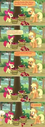 Size: 1598x4510 | Tagged: safe, derpibooru import, edit, edited screencap, screencap, apple bloom, applejack, goldie delicious, going to seed, apple, bucket, bush, comic, dialogue, discovery family logo, food, screencap comic, speech bubble, tree