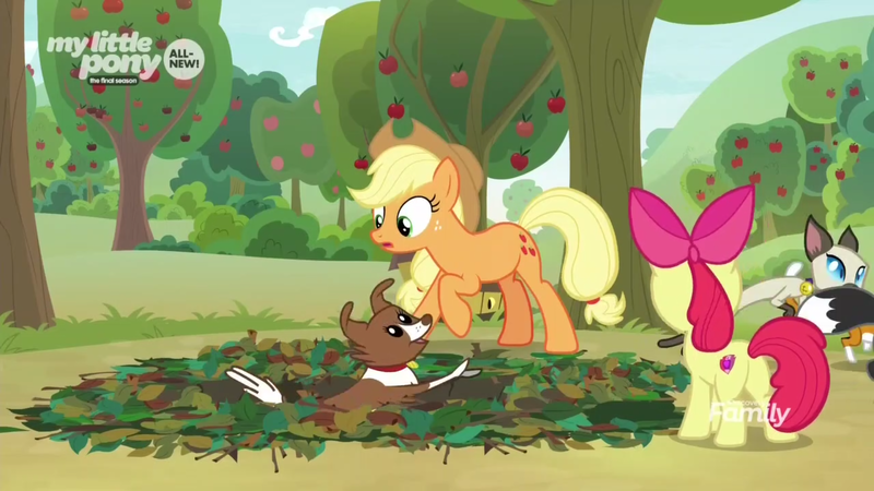 Size: 1600x900 | Tagged: safe, derpibooru import, screencap, apple bloom, applejack, winona, cat, dog, earth pony, pony, going to seed, apple, apple tree, discovery family logo, falling, female, filly, foal, food, goldie delicious' cats, hole, leaves, mare, my little pony logo, pit trap, trap (device), tree