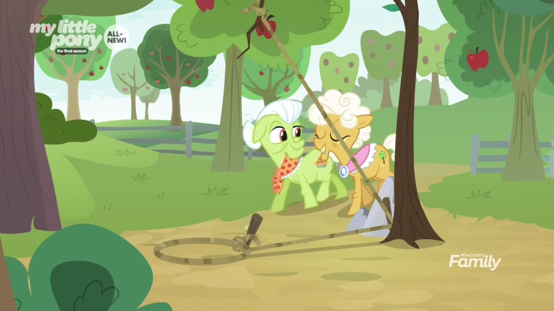 Size: 1600x900 | Tagged: safe, derpibooru import, screencap, goldie delicious, granny smith, going to seed, apple, apple tree, discovery family logo, fence, food, rope, snare trap, trap (device), tree