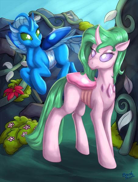 Size: 1980x2622 | Tagged: artist:brushstroke, changedling, changedling oc, changeling, changeling oc, derpibooru import, female, flying, oc, oc:platinum band, oc:queen ludo, outdoors, safe, scenery, unofficial characters only