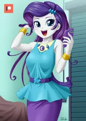 Size: 707x1000 | Tagged: safe, artist:uotapo, derpibooru import, rarity, equestria girls, equestria girls series, rollercoaster of friendship, armpits, beautiful, blushing, bracelet, cute, female, geode of shielding, happy, jewelry, magical geodes, mobile phone, open mouth, patreon, patreon logo, phone, raribetes, smartphone, solo, uotapo is trying to murder us