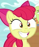 Size: 779x925 | Tagged: safe, derpibooru import, screencap, apple bloom, pony, going to seed, cropped, excited, faic, smiling, solo, teeth, wide eyes