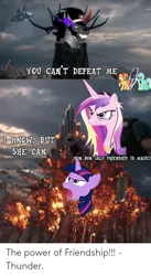 Size: 500x910 | Tagged: safe, derpibooru import, bon bon, king sombra, lyra heartstrings, princess cadance, sunset shimmer, sweetie drops, twilight sparkle, pony, cropped, female, fire, hela, hela odinsdottir, mare, meme, surtur, thor ragnarok, thor: ragnarok