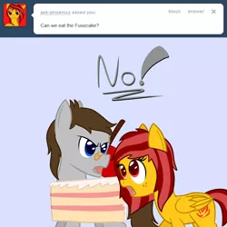 Size: 1280x1280 | Tagged: safe, artist:phoenixswift, derpibooru import, oc, oc:fuselight, oc:phoenixx, unofficial characters only, pegasus, pony, ask fuselight, cake, clothes, costume, female, food, food costume, male, mare, stallion