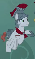 Size: 281x467 | Tagged: safe, derpibooru import, screencap, albus, flash magnus, pegasus, pony, campfire tales, armor, cropped, flying, helmet, hoof shoes, male, offscreen character, smiling, solo, stallion, wings