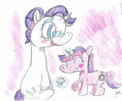 Size: 1166x967 | Tagged: safe, artist:ptitemouette, derpibooru import, rarity, oc, oc:pink lady, pony, diamond, female, gem, glasses, grandmother and grandchild, grandmother and granddaughter, levitation, magic, offspring, offspring's offspring, older, older rarity, parent:oc:bow tie, parent:oc:pomme de pin, parents:oc x oc, telekinesis, traditional art