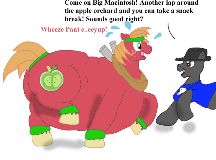 Size: 745x552 | Tagged: questionable, artist:sakenskunk, derpibooru import, big macintosh, oc, oc:saken flask, pony, belly, bhm, big belly, bigger macintosh, butt, colored text, duo, duo male, fat, fedora, gym shirt, hat, headband, huge belly, huge butt, impossibly large belly, impossibly large butt, impossibly wide hips, large butt, leg warmers, male, morbidly obese, obese, panting, simple background, sweat, tailband, text, wheezing, whistle, white background, wide hips, workout, wristband