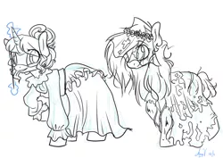 Size: 1000x706 | Tagged: safe, artist:laceymod, derpibooru import, oc, oc:lovelace, oc:sunflower, unofficial characters only, earth pony, pony, undead, unicorn, zombie, ask lovelace, clothes, costume, female, mare, monochrome, nightmare night costume, phantom of the opera