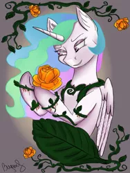 Size: 769x1024 | Tagged: artist needed, source needed, semi-grimdark, derpibooru import, princess celestia, alicorn, pony, blood, flower, rose, solo, thorns, vine