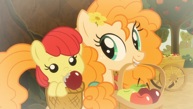 Size: 1920x1080 | Tagged: safe, derpibooru import, screencap, apple bloom, big macintosh, pear butter, earth pony, pony, going to seed, adorabloom, apple, apple cart, baby, baby apple bloom, baby pony, basket, cute, drool, duo focus, female, filly, flashback, flower, flower in hair, foal, food, mare, mother and child, mother and daughter, pearabetes, younger