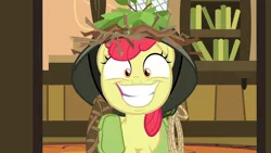 Size: 1920x1080 | Tagged: safe, derpibooru import, screencap, apple bloom, earth pony, pony, going to seed, bag, big grin, big smile, does this look like the face of mercy, faic, female, filly, foal, grin, helmet, saddle bag, slasher smile, smiling, snapple bloom, solo
