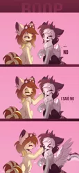 Size: 2289x5020 | Tagged: safe, artist:hagallaz, derpibooru import, oc, oc:adilet, oc:katie, unofficial characters only, earth pony, pony, blushing, boop, comic, fangs, horn, non-consensual booping, spread wings, tongue out, wingboner, wings