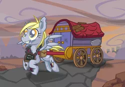 Size: 3290x2289 | Tagged: safe, artist:cazra, derpibooru import, derpy hooves, ditzy doo, ghoul, pegasus, pony, undead, fallout equestria, fanfic, bag, fanfic art, female, grin, hooves, mare, road, saddle bag, smiling, solo, spread wings, wagon, wasteland, wings