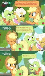 Size: 1600x2704 | Tagged: safe, derpibooru import, edit, edited screencap, screencap, applejack, goldie delicious, granny smith, pony, going to seed, apple, apple tree, comic, dialogue, screencap comic, speech bubble, tree