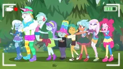 Size: 1336x752 | Tagged: safe, derpibooru import, screencap, aqua blossom, bulk biceps, fleur-de-lis, frosty orange, lyra heartstrings, pinkie pie, snails, snips, trixie, equestria girls, equestria girls series, five lines you need to stand in, spoiler:eqg series (season 2), background human, bathroom line, butt touch, clothes, conga, conga line, converse, eyes closed, female, hand on butt, hat, male, pants, pantyhose, shoes, shorts, skirt, sneakers