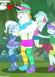 Size: 485x669 | Tagged: safe, derpibooru import, screencap, aqua blossom, bulk biceps, lyra heartstrings, trixie, equestria girls, equestria girls series, five lines you need to stand in, spoiler:eqg series (season 2), background human, bulkabetes, butt touch, conga, conga line, cropped, cute, dancing, diatrixes, female, hand on butt, lyrabetes, male