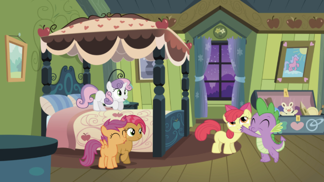 Size: 638x359 | Tagged: safe, derpibooru import, edit, edited screencap, editor:undeadponysoldier, screencap, apple bloom, babs seed, scootaloo, spike, sweetie belle, dragon, earth pony, pegasus, pony, unicorn, adorable face, adorabloom, apple bloom's bedroom, babspike, bed, bedroom, blanket, bow, bust, chest, crusadespike, curtains, cute, cutie mark crusaders, daaaaaaaaaaaw, drawer, eyes closed, female, filly, happy, hug, male, midnight, pillow, portrait, scootaspike, shipping, slumber party, smiling, spikebelle, spikebloom, spikelove, straight, they grow up so fast, toy, toy box, window