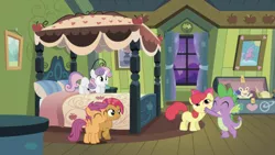 Size: 638x359 | Tagged: safe, derpibooru import, edit, edited screencap, editor:undeadponysoldier, screencap, apple bloom, babs seed, scootaloo, spike, sweetie belle, dragon, earth pony, pegasus, pony, unicorn, adorable face, adorabloom, apple bloom's bedroom, babspike, bed, bedroom, blanket, bow, bust, chest, crusadespike, curtains, cute, cutie mark crusaders, daaaaaaaaaaaw, drawer, eyes closed, female, filly, happy, hug, male, midnight, pillow, portrait, scootaspike, shipping, slumber party, smiling, spikebelle, spikebloom, spikelove, straight, they grow up so fast, toy, toy box, window
