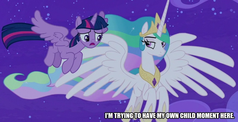 Size: 968x500 | Tagged: safe, derpibooru import, edit, edited screencap, screencap, princess celestia, twilight sparkle, twilight sparkle (alicorn), alicorn, pony, horse play, caption, cloud, crown, flying, horn, image macro, jewelry, night, night sky, princess, regalia, sky, stars, text, wings