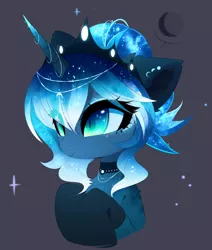 Size: 2172x2564 | Tagged: safe, artist:magnaluna, derpibooru import, princess luna, alicorn, pony, beautiful, black background, bust, chest fluff, choker, clothes, crown, cute, ear fluff, ethereal mane, eye clipping through hair, female, jewelry, lunabetes, moon, portrait, regalia, shoulder fluff, simple background, slit pupils, smiling, socks, solo, starry mane