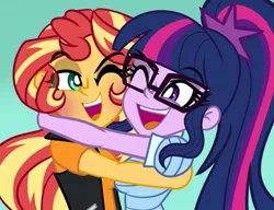 Size: 1200x920 | Tagged: safe, artist:wubcakeva, derpibooru import, sci-twi, sunset shimmer, twilight sparkle, equestria girls, equestria girls series, clothes, cute, duo, female, glasses, happy, hug, jacket, leather jacket, lesbian, one eye closed, open mouth, ponytail, pride, pride month, scitwishimmer, shimmerbetes, shipping, simple background, sunsetsparkle, teal background, twiabetes