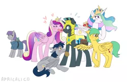 Size: 4398x2850 | Tagged: safe, artist:feellikeaplat, deleted from derpibooru, derpibooru import, maud pie, princess cadance, princess celestia, oc, oc:idol hooves, oc:mothchaser, oc:topaz showers, alicorn, bat pony, changeling, earth pony, pegasus, pony, fanfic:the changeling of the guard, armor, disguise, disguised changeling, durian, food, honey, letter, love letter, royal guard armor, simple background, unwanted harem, white background