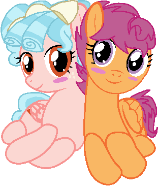 Size: 311x368 | Tagged: safe, artist:drugzrbad, artist:rainbineeoi, derpibooru import, cozy glow, scootaloo, pegasus, pony, base used, blushing, cozybetes, cozyloo, cute, female, lesbian, looking at you, lying down, shipping, wings