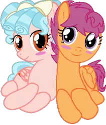 Size: 311x368 | Tagged: safe, artist:drugzrbad, artist:rainbineeoi, derpibooru import, cozy glow, scootaloo, pegasus, pony, base used, blushing, cozybetes, cozyloo, cute, female, lesbian, looking at you, lying down, shipping, wings