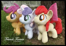 Size: 1830x1275 | Tagged: safe, artist:peruserofpieces, derpibooru import, apple bloom, scootaloo, sweetie belle, earth pony, pony, unicorn, accessory, bow, cutie mark crusaders, female, filly, happy, irl, photo, plushie, ribbon, side by side, smiling, toy, trio