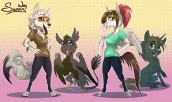 Size: 1683x1000 | Tagged: safe, artist:sunny way, derpibooru import, oc, oc:saitudon, oc:sunny way, unofficial characters only, anthro, pegasus, pony, unicorn, wolf, wyvern, amaterasu, anthro with ponies, chibi, cute, fanart, furry, horn, male, okami, open mouth, rcf community, smiling, stallion, wings