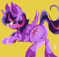 Size: 2027x1970 | Tagged: safe, artist:tohupo, derpibooru import, twilight sparkle, twilight sparkle (alicorn), alicorn, pony, blushing, butt, ear fluff, eyes on the prize, female, mare, plot, simple background, solo, sweat, twibutt