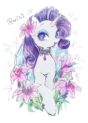 Size: 821x1149 | Tagged: safe, artist:osawari-64, artist:osawari64, derpibooru import, rarity, pony, unicorn, cute, female, flower, flower in hair, jewelry, mare, necklace, no pupils, open mouth, raribetes, simple background, solo, white background