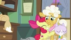 Size: 1920x1080 | Tagged: safe, derpibooru import, screencap, apple bloom, goldie delicious, cat, earth pony, pony, going to seed, hug